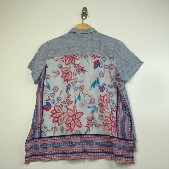 J. Jill Linen Blue Striped Floral Pattern Back Button Down Blouse. Size Small. - Picture 5 of 7